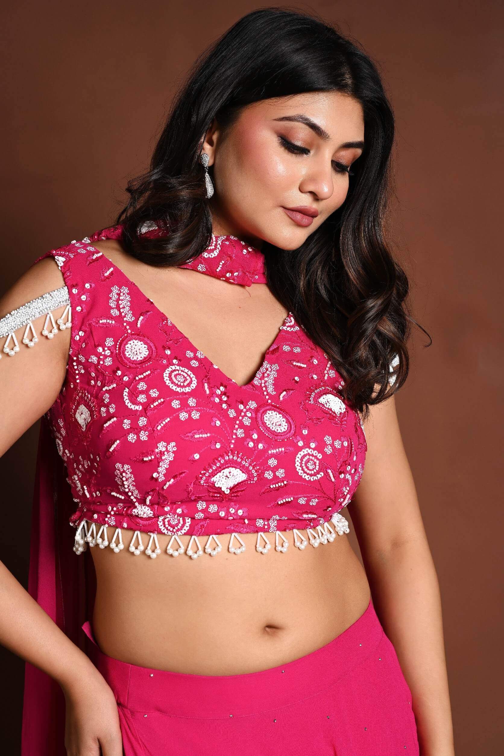 Bright Pink Lehenga Skirt and Embroidered Blouse Set with Dupatta - Anvi Couture