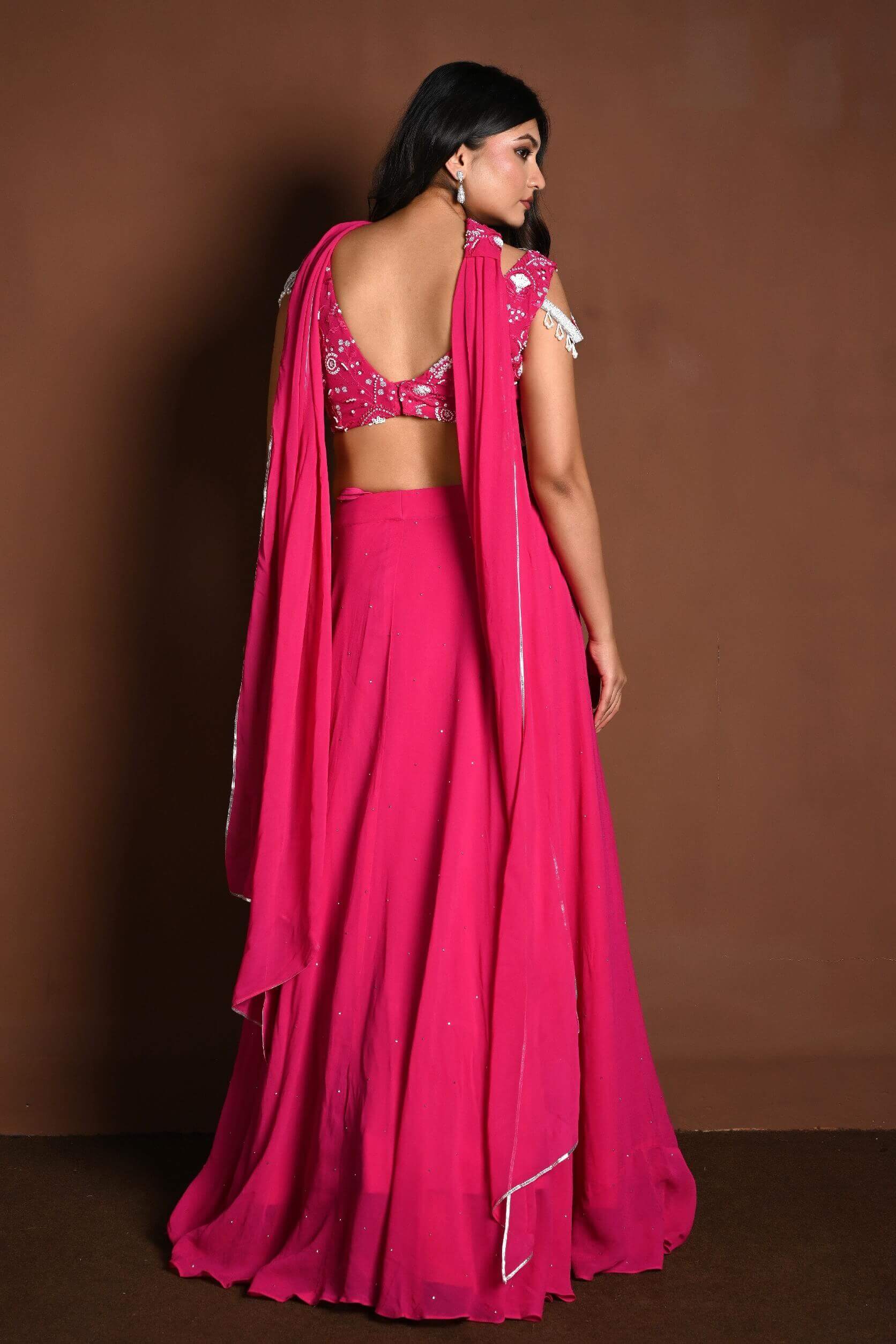 Bright Pink Lehenga Skirt and Embroidered Blouse Set with Dupatta - Anvi Couture
