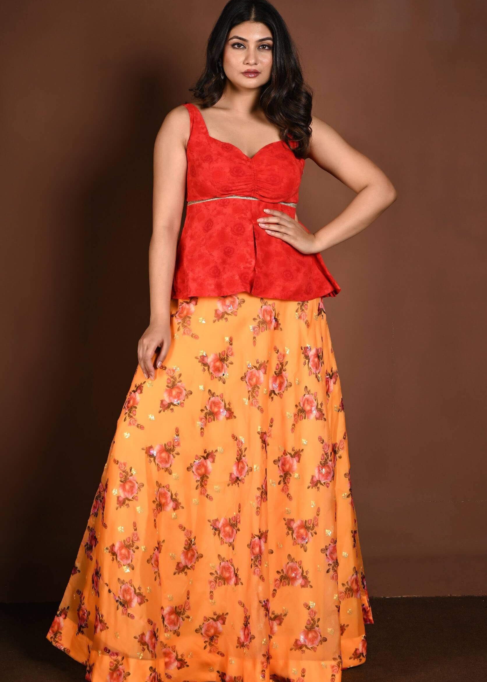 Yellow Floral Lehenga with Contrasting Red Peplum Choli - Anvi Couture