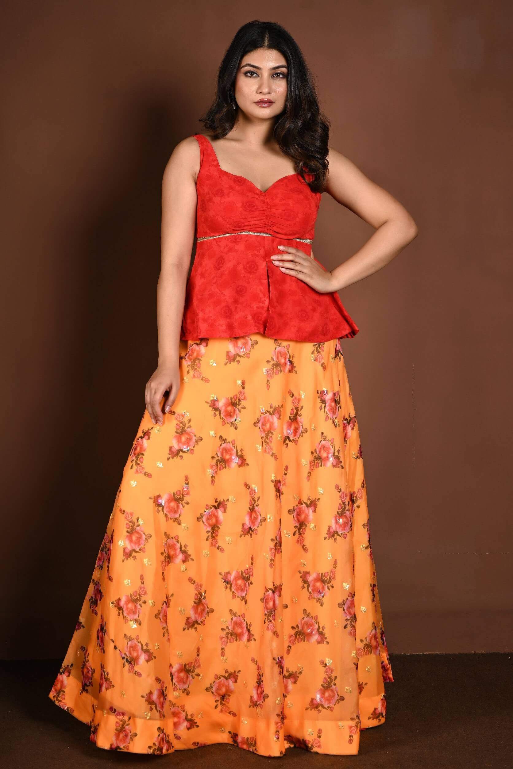Yellow Floral Lehenga with Contrasting Red Peplum Choli - Anvi Couture