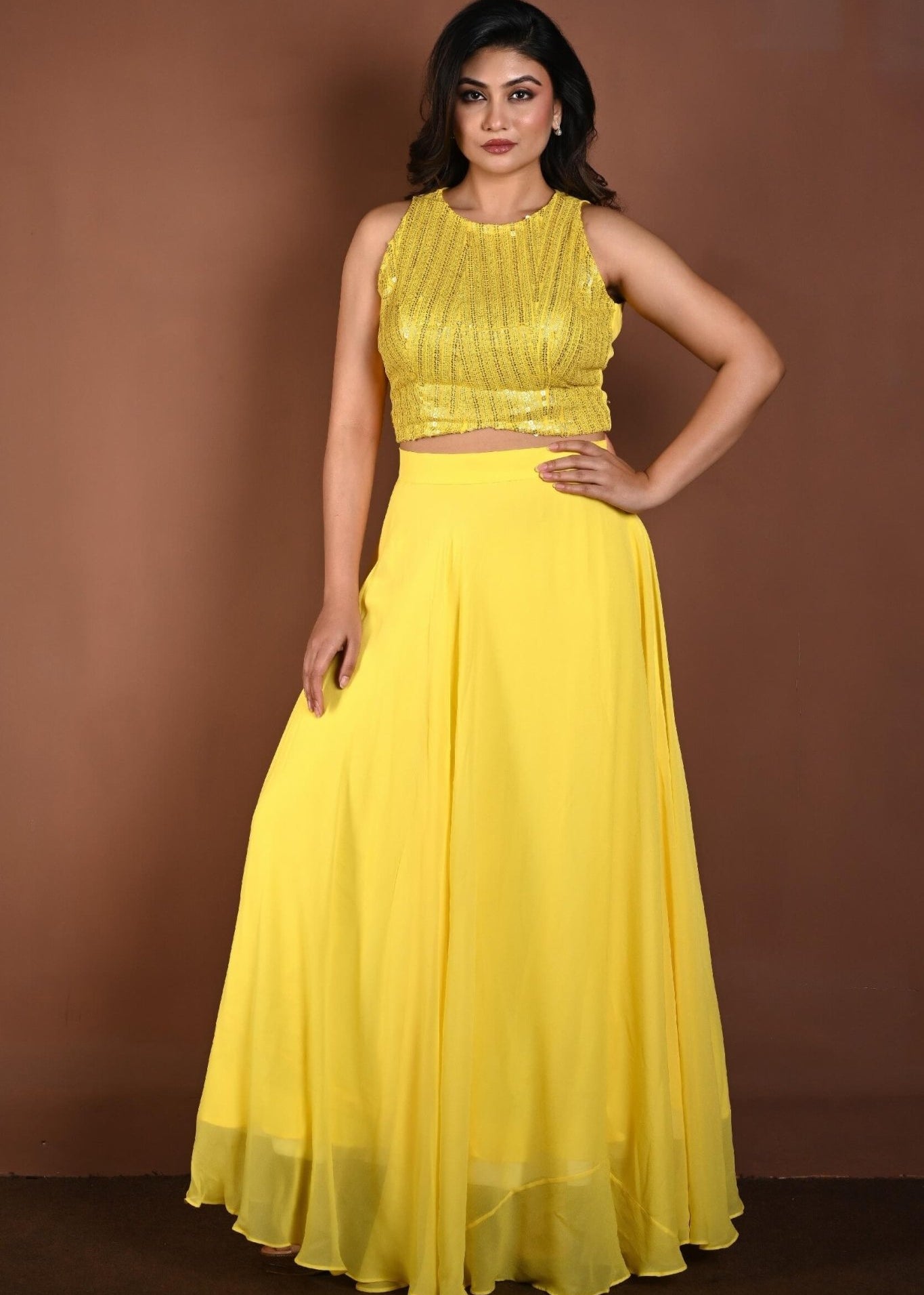 Light Yellow Lehenga Set with Sequins Sleeveless Top - Anvi Couture