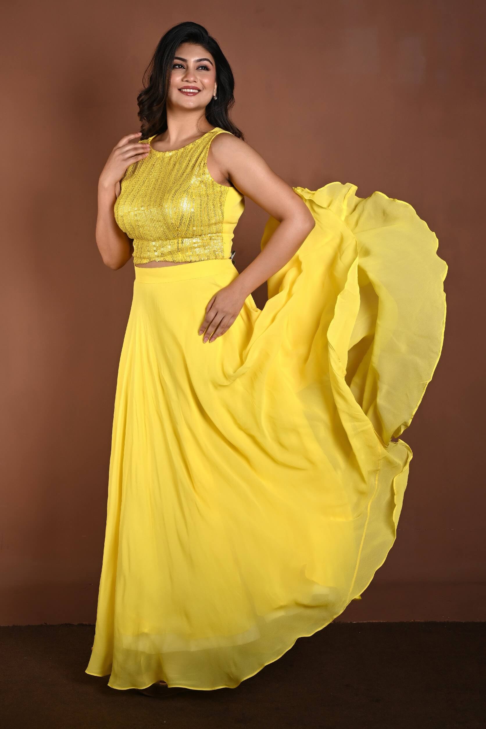 Light Yellow Lehenga Set with Sequins Sleeveless Top - Anvi Couture