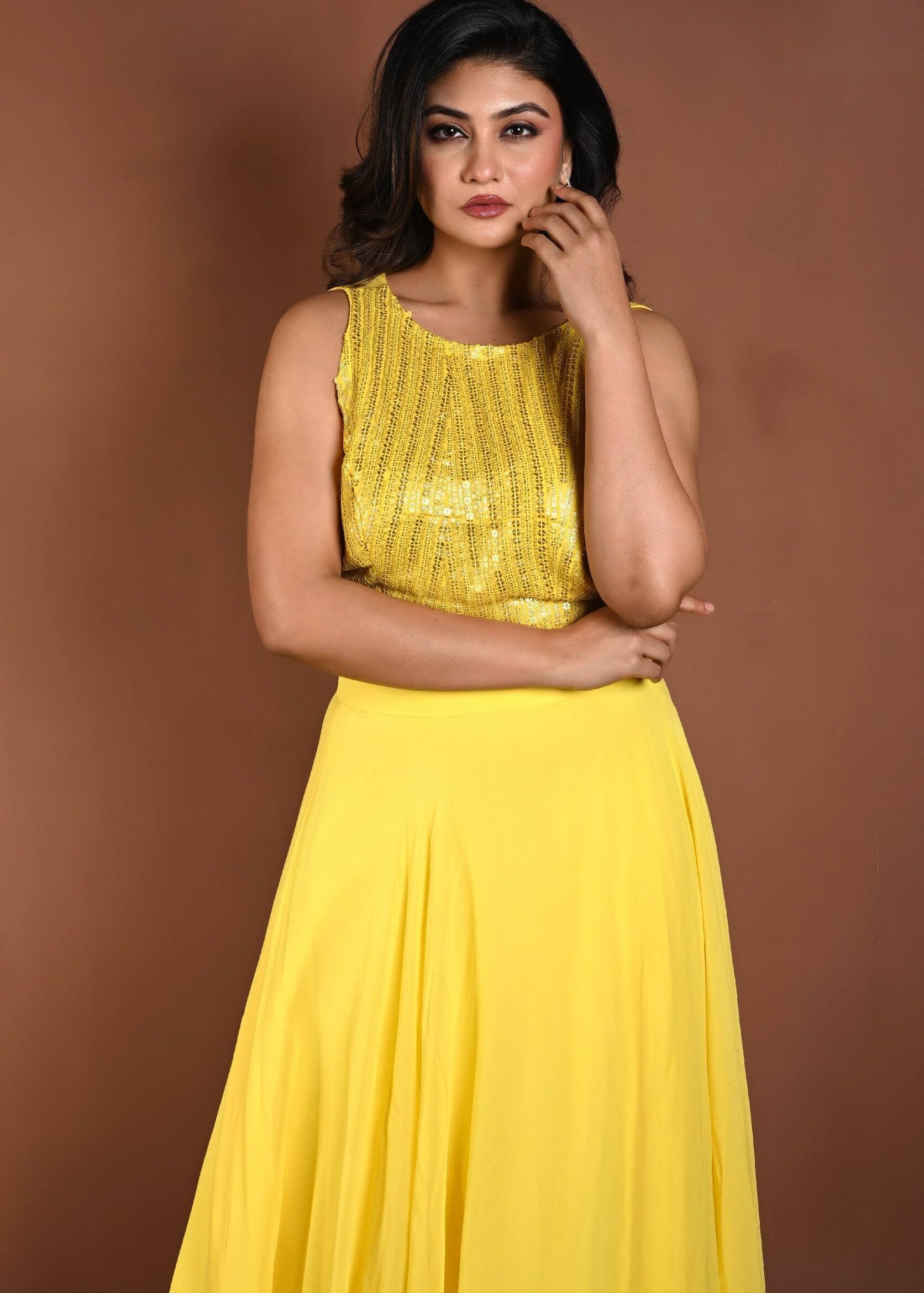 Light Yellow Lehenga Set with Sequins Sleeveless Top - Anvi Couture