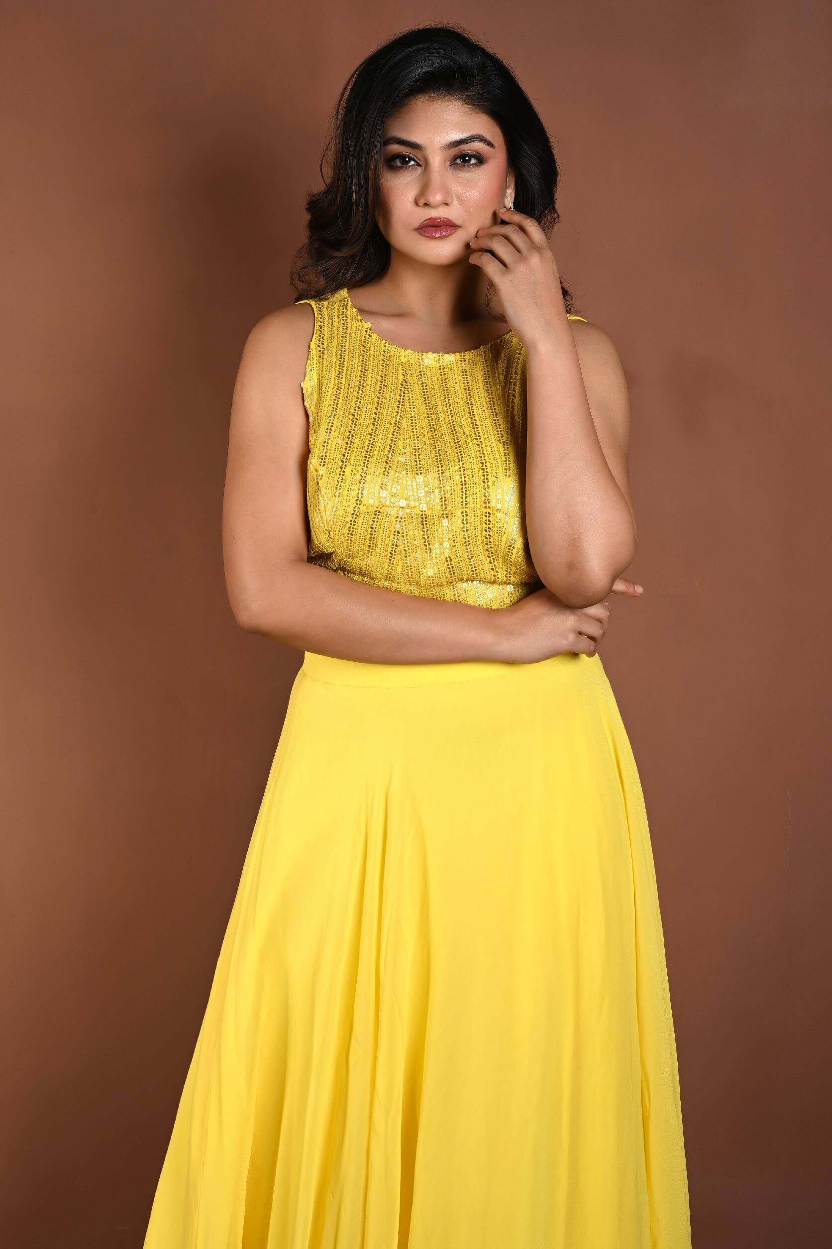 Light Yellow Lehenga Set with Sequins Sleeveless Top - Anvi Couture