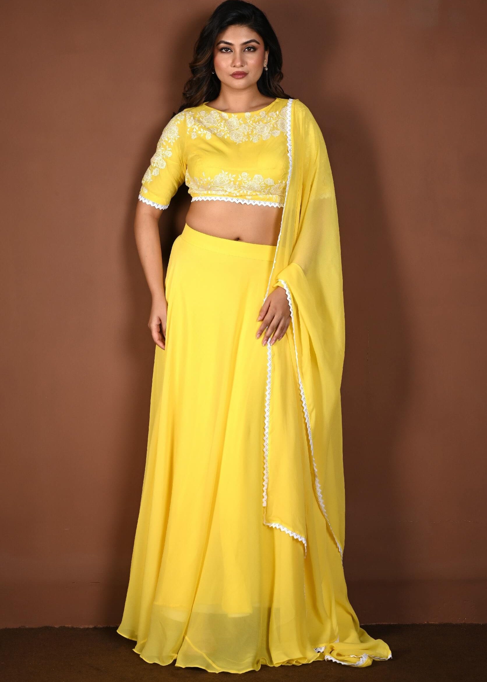 Yellow Georgette Lehenga Set with Embroidered Top with White Lace Dupatta - Anvi Couture