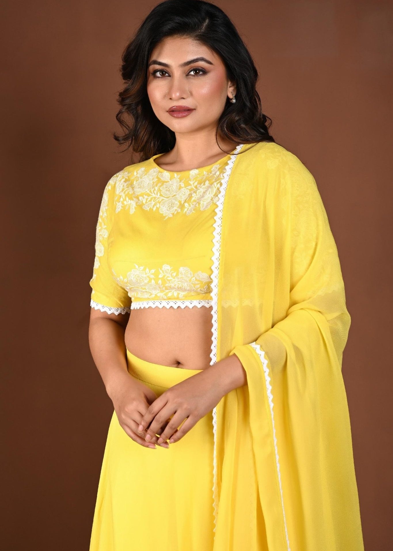 Yellow Georgette Lehenga Set with Embroidered Top with White Lace Dupatta - Anvi Couture