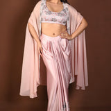 Light Pink Draped Skirt Set with Hand Embroidered Top and Cape Set - Anvi Couture