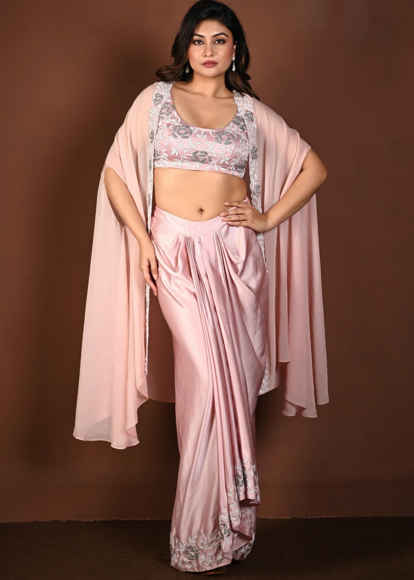 Light Pink Draped Skirt Set with Hand Embroidered Top and Cape Set - Anvi Couture