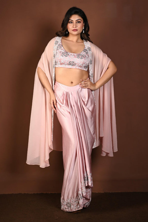 Light Pink Draped Skirt Set with Hand Embroidered Top and Cape Set - Indo-Western Party Wear - Front 1