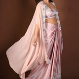Light Pink Draped Skirt Set with Hand Embroidered Top and Cape Set - Anvi Couture