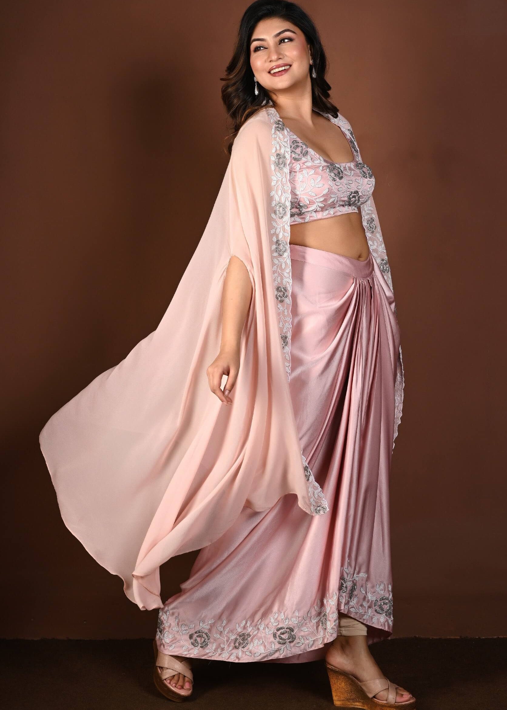 Light Pink Draped Skirt Set with Hand Embroidered Top and Cape Set - Anvi Couture