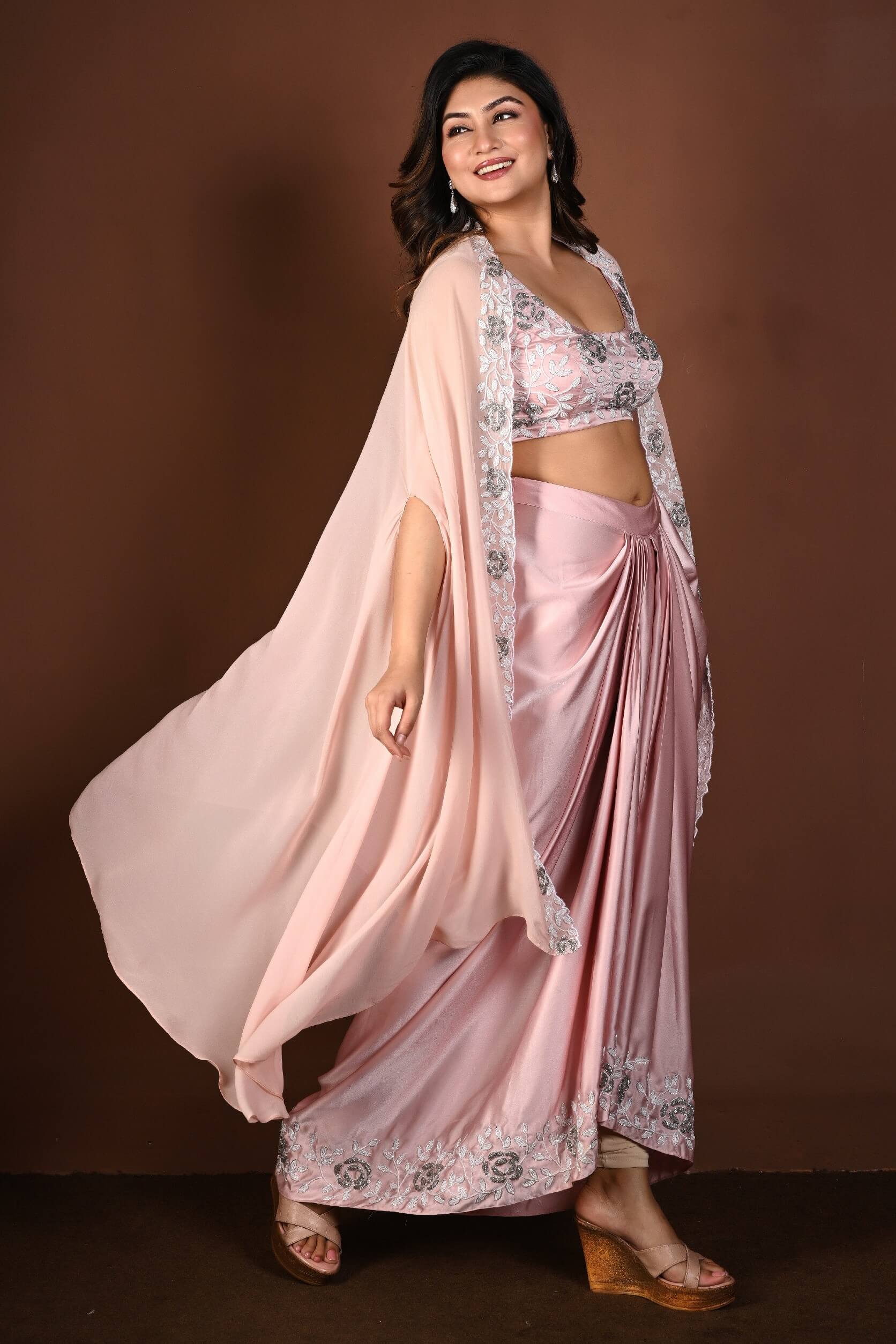 Light Pink Draped Skirt Set with Hand Embroidered Top and Cape Set - Anvi Couture