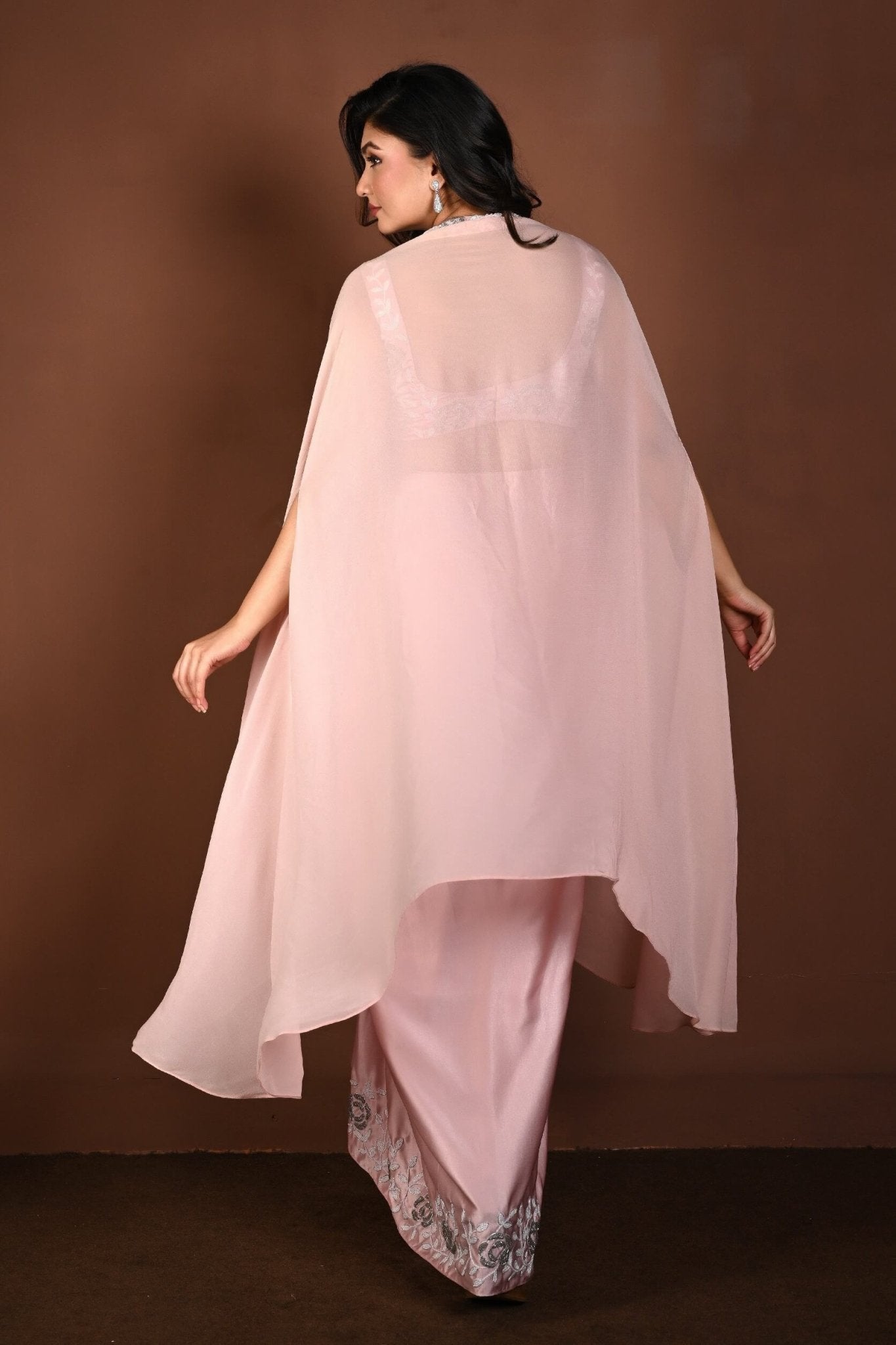 Light Pink Draped Skirt Set with Hand Embroidered Top and Cape Set - Anvi Couture