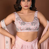 Light Pink Draped Skirt Set with Hand Embroidered Top and Cape Set - Anvi Couture