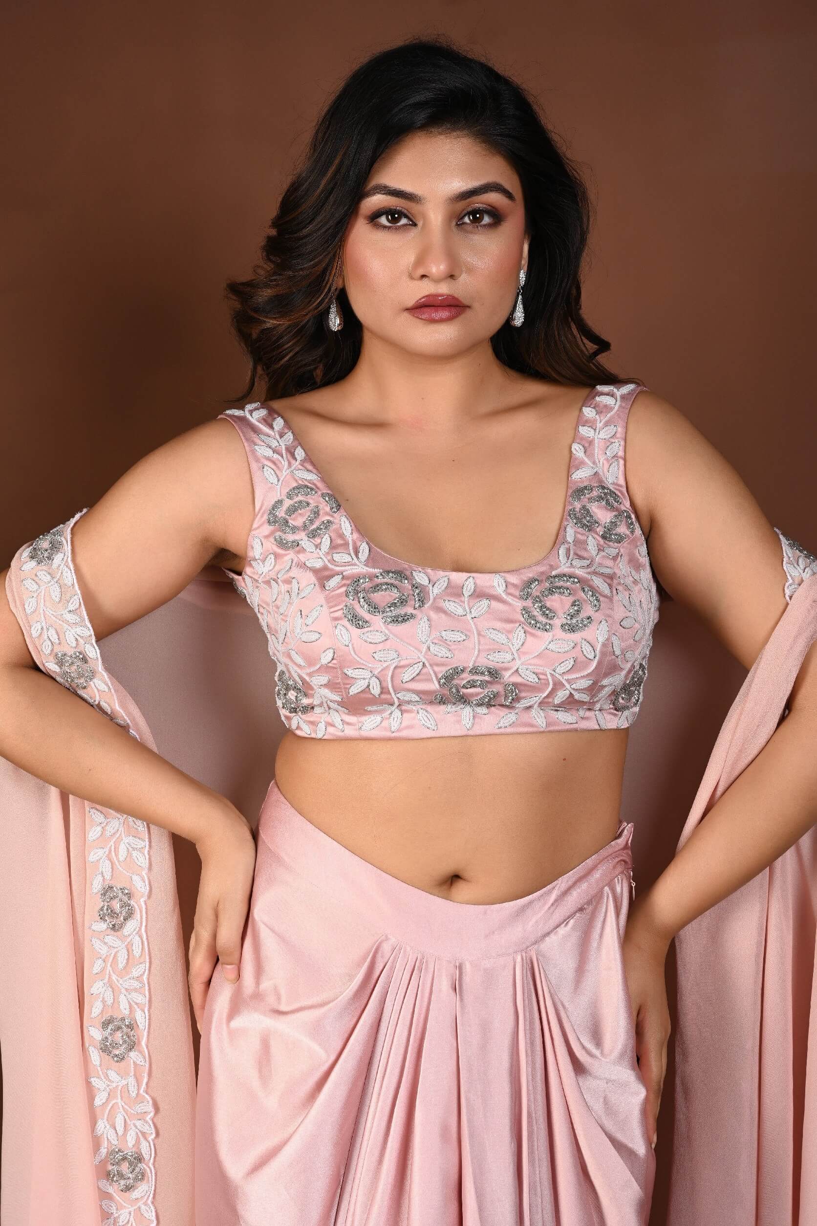 Light Pink Draped Skirt Set with Hand Embroidered Top and Cape Set - Anvi Couture