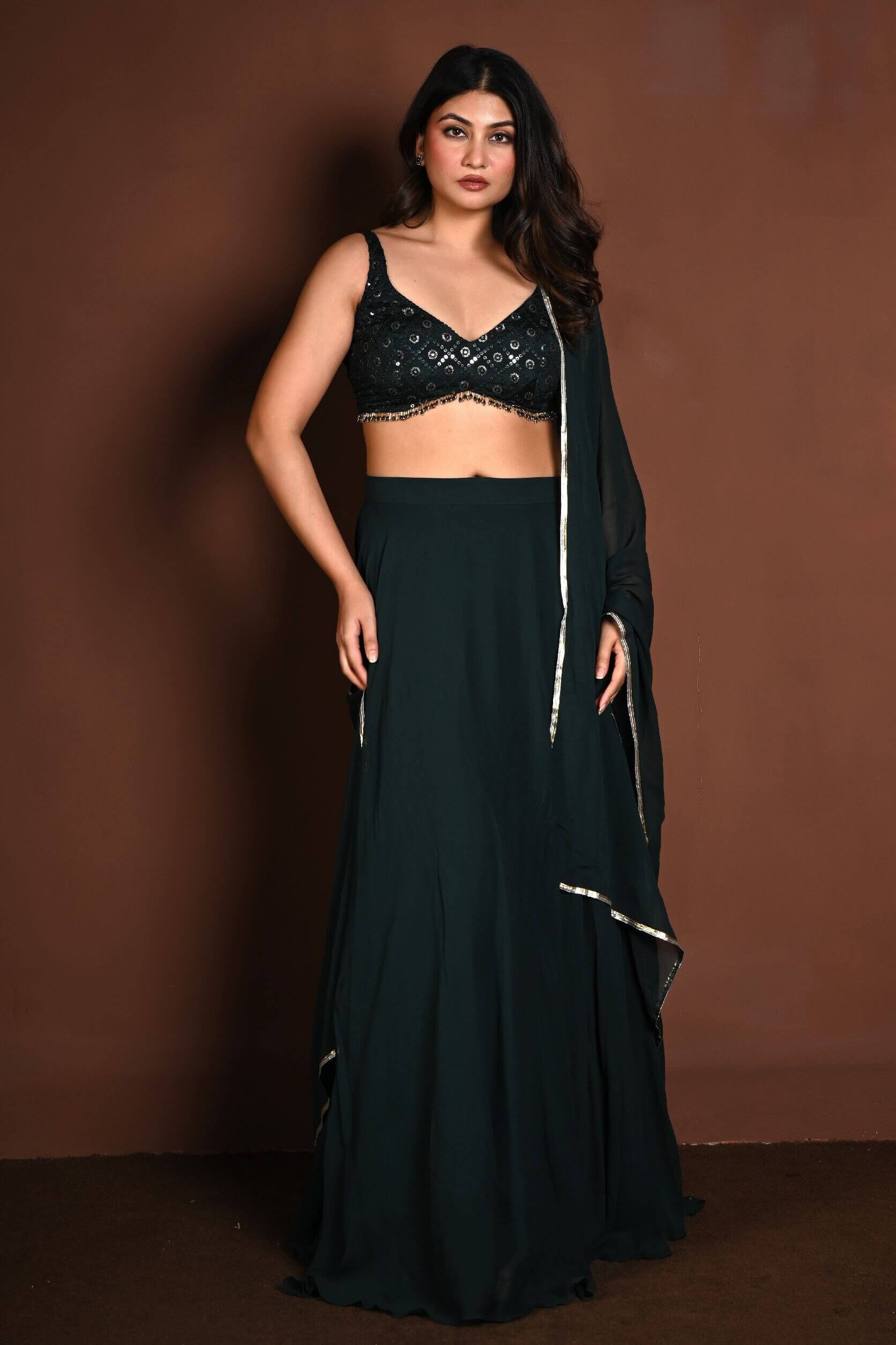 Dark Green Embroidered Lehenga Set in Georgette with Matching Dupatta - Anvi Couture