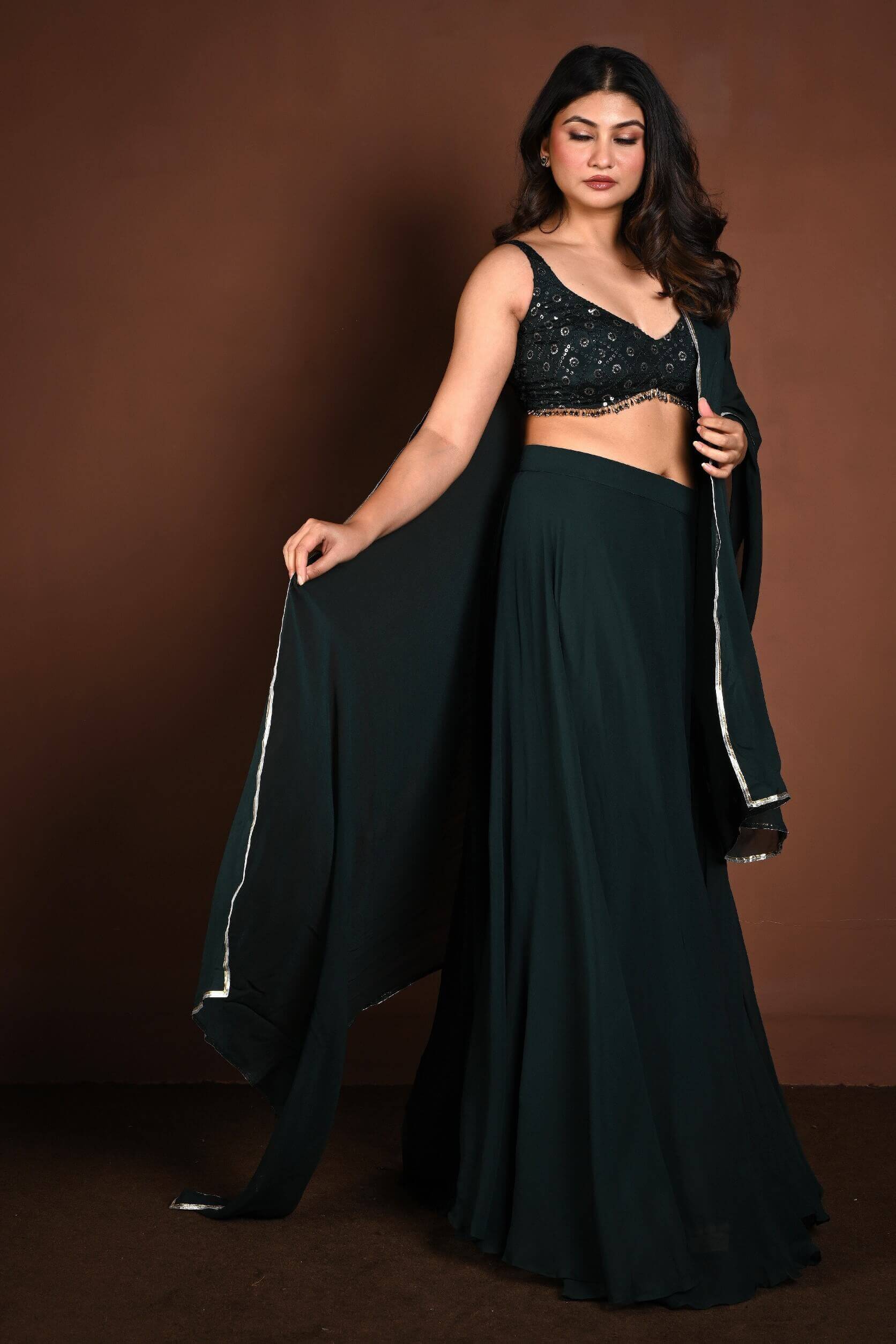 Dark Green Embroidered Lehenga Set in Georgette with Matching Dupatta - Anvi Couture
