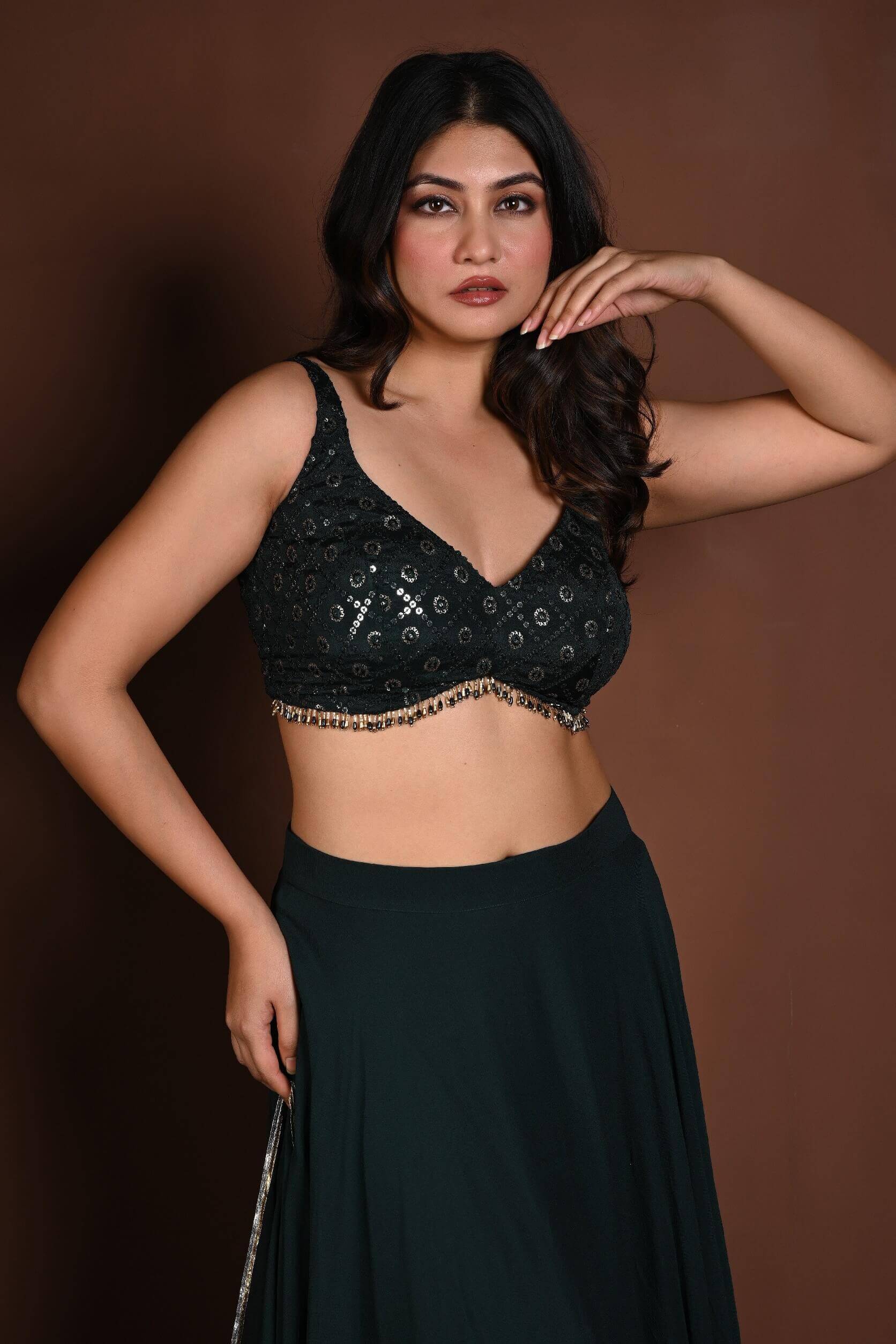 Dark Green Embroidered Lehenga Set in Georgette with Matching Dupatta - Anvi Couture