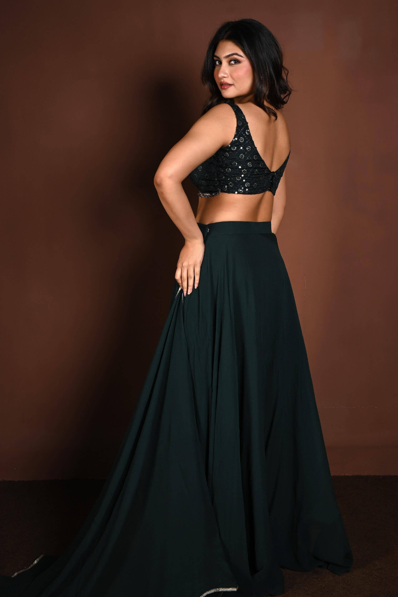 Dark Green Embroidered Lehenga Set in Georgette with Matching Dupatta - Anvi Couture