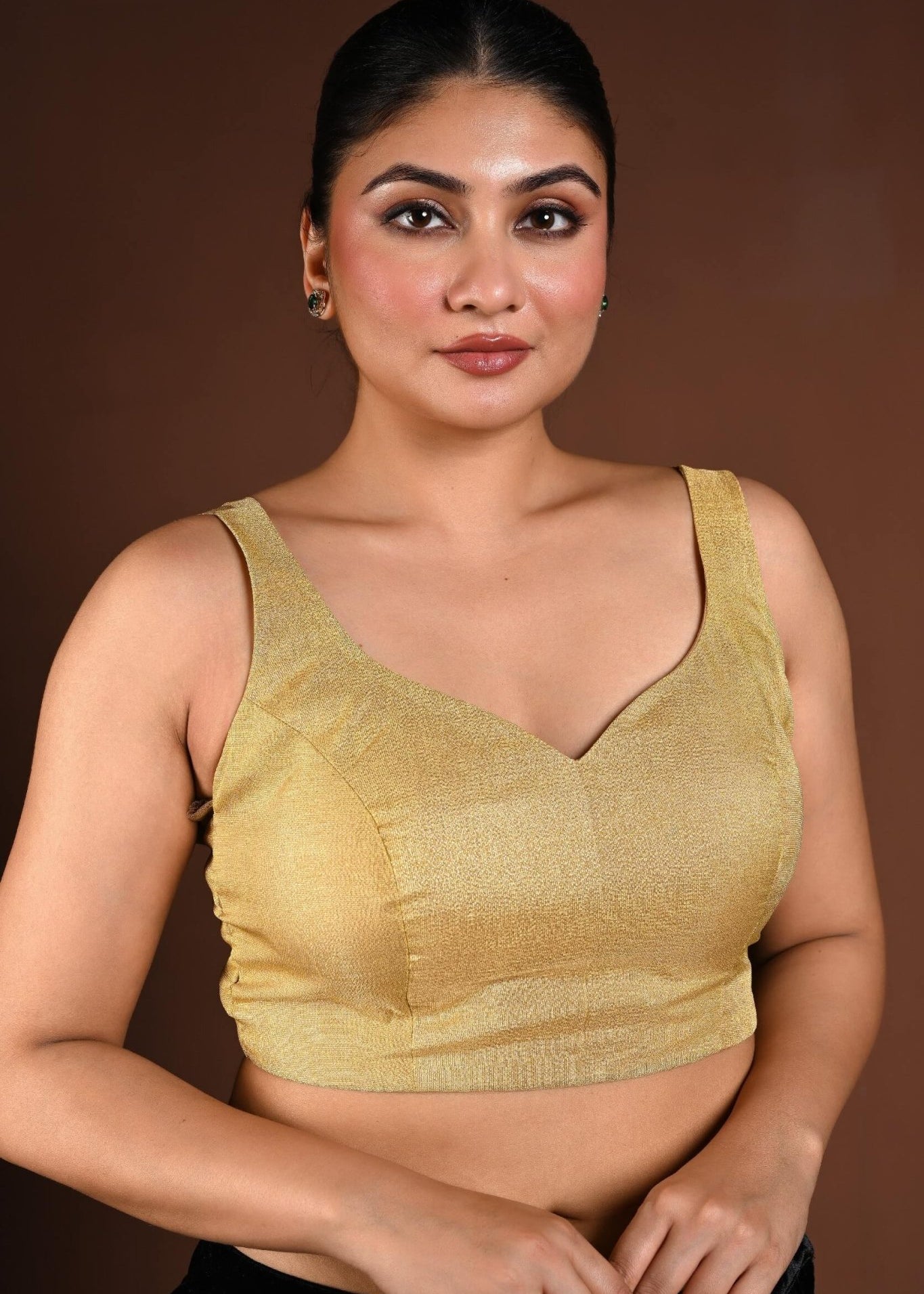 Golden Sleeveless Blouse in Tissue Silk with Queen Anne Neckline - Anvi Couture