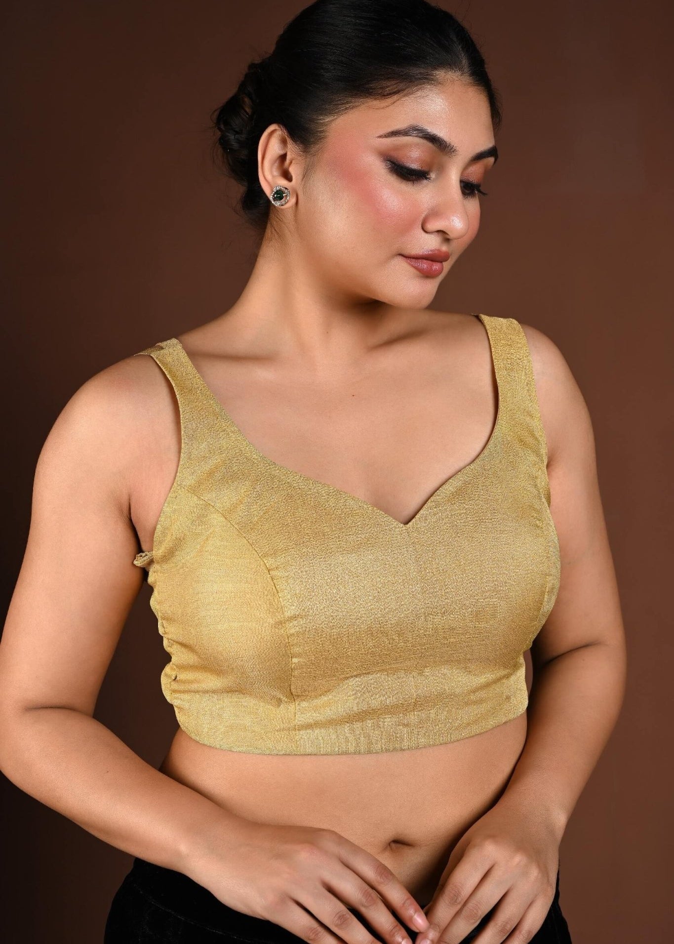 Golden Sleeveless Blouse in Tissue Silk with Queen Anne Neckline - Anvi Couture