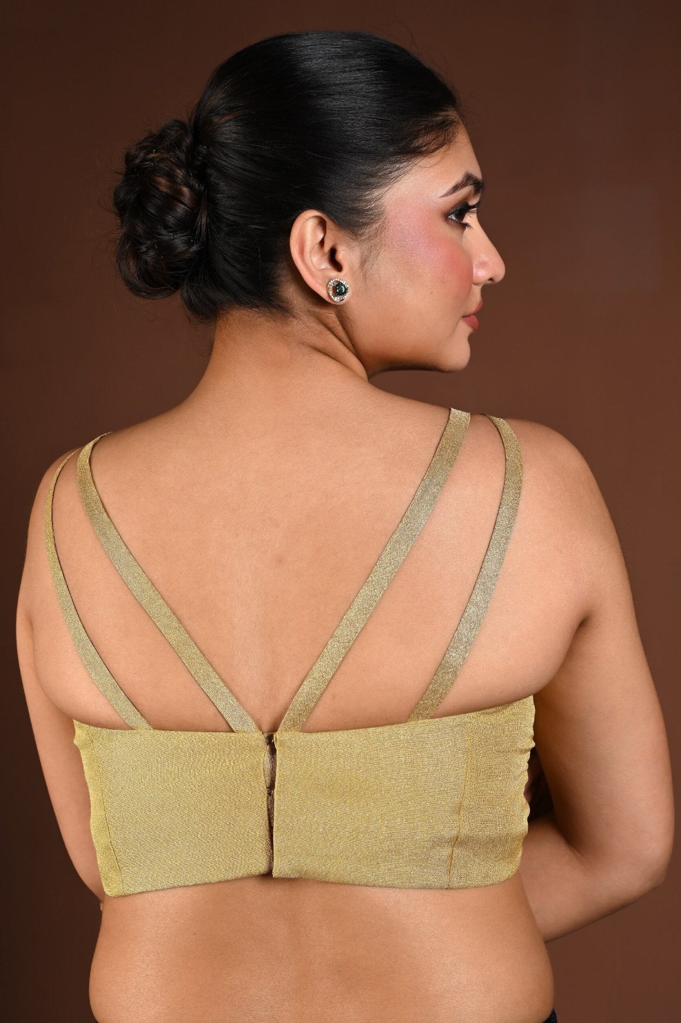 Golden Sleeveless Blouse in Tissue Silk with Queen Anne Neckline - Anvi Couture