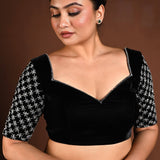 Black Velvet Hand Embroidered Blouse with Queen Anne Neckline - Anvi Couture