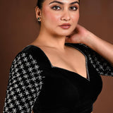 Black Velvet Hand Embroidered Blouse with Queen Anne Neckline - Anvi Couture