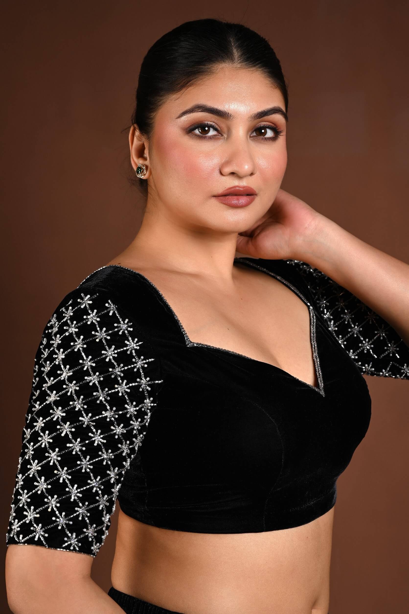 Black Velvet Hand Embroidered Blouse with Queen Anne Neckline - Anvi Couture