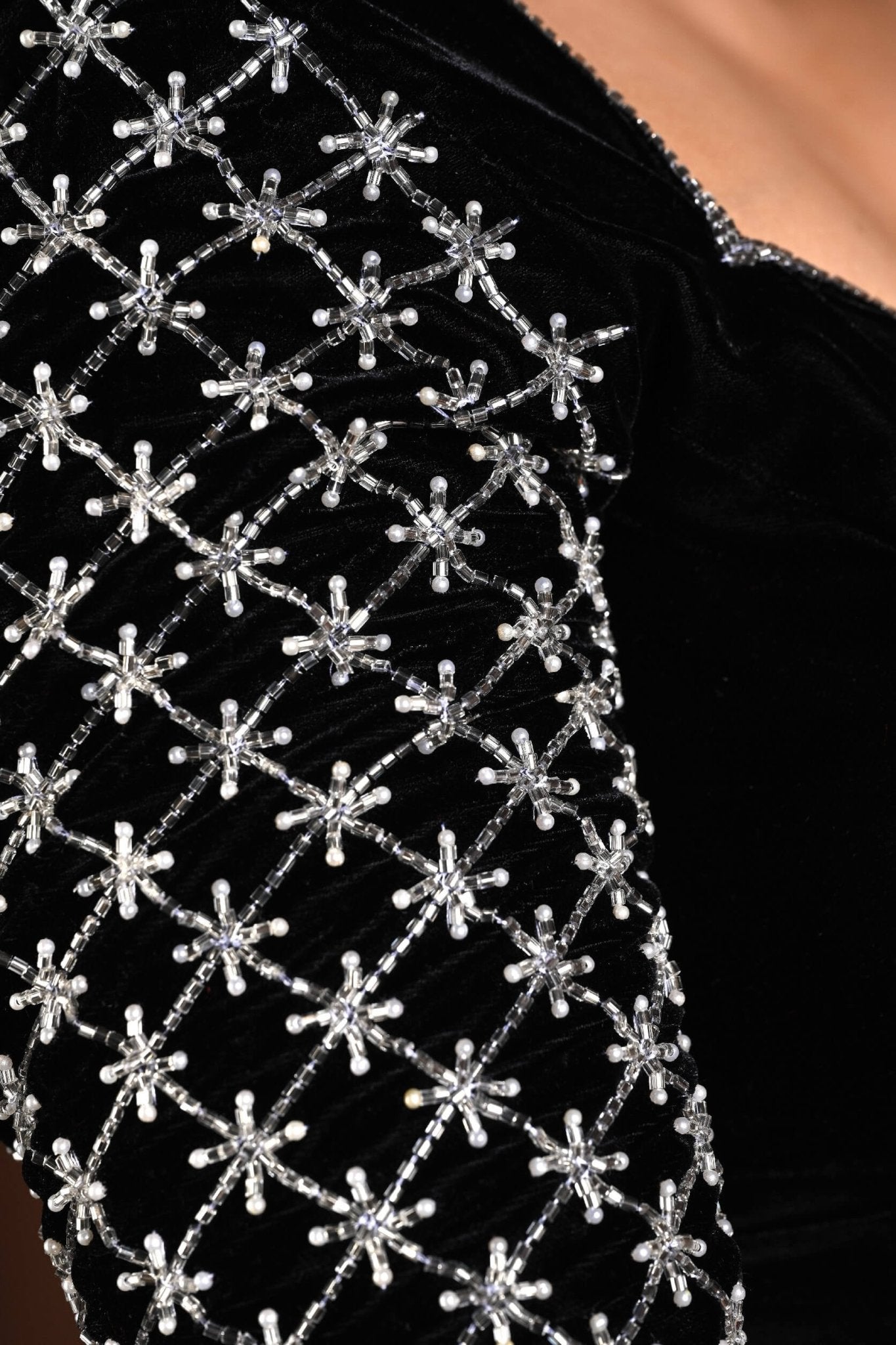 Black Velvet Hand Embroidered Blouse with Queen Anne Neckline - Anvi Couture