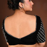 Black Velvet Hand Embroidered Blouse with Queen Anne Neckline - Anvi Couture