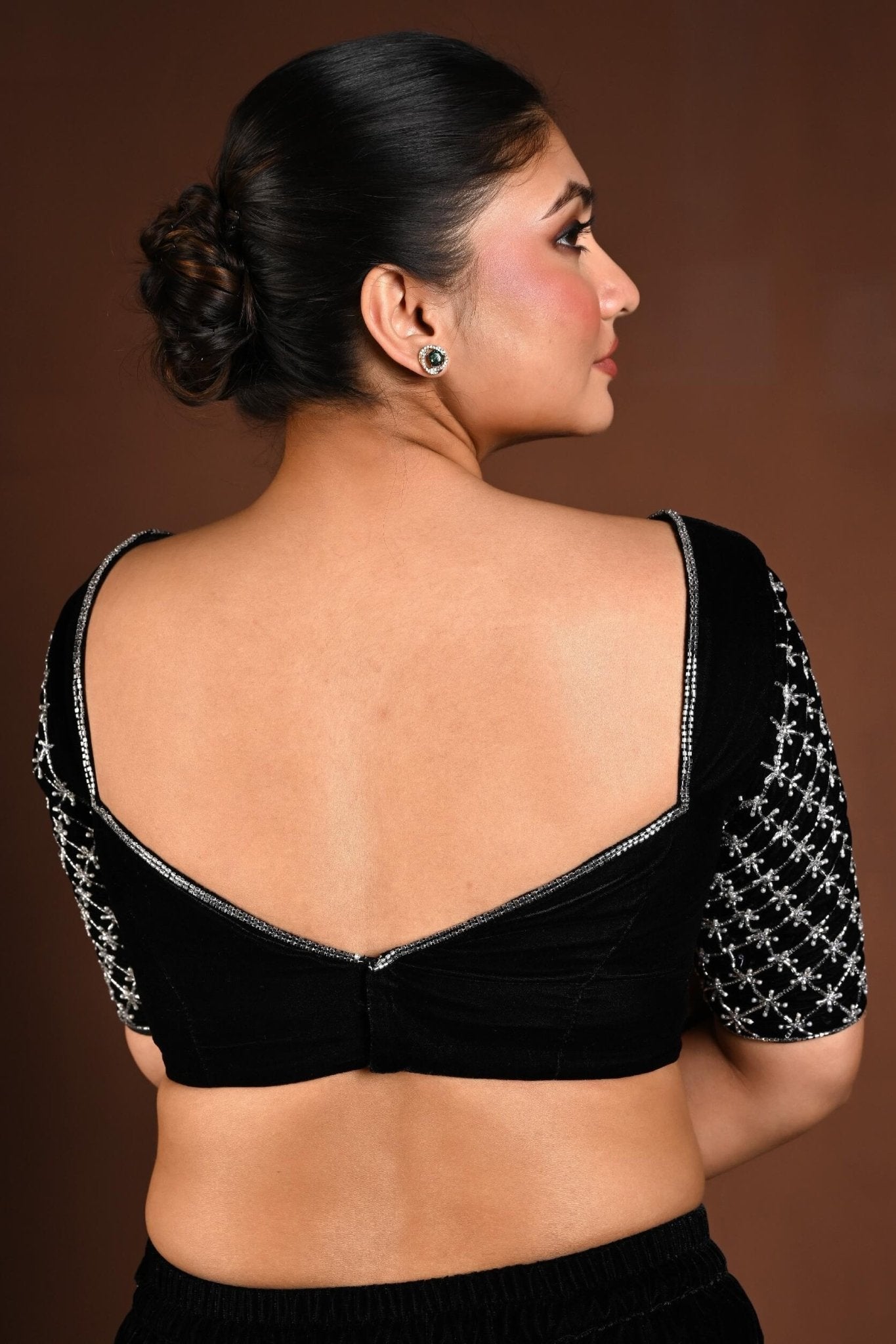 Black Velvet Hand Embroidered Blouse with Queen Anne Neckline - Anvi Couture