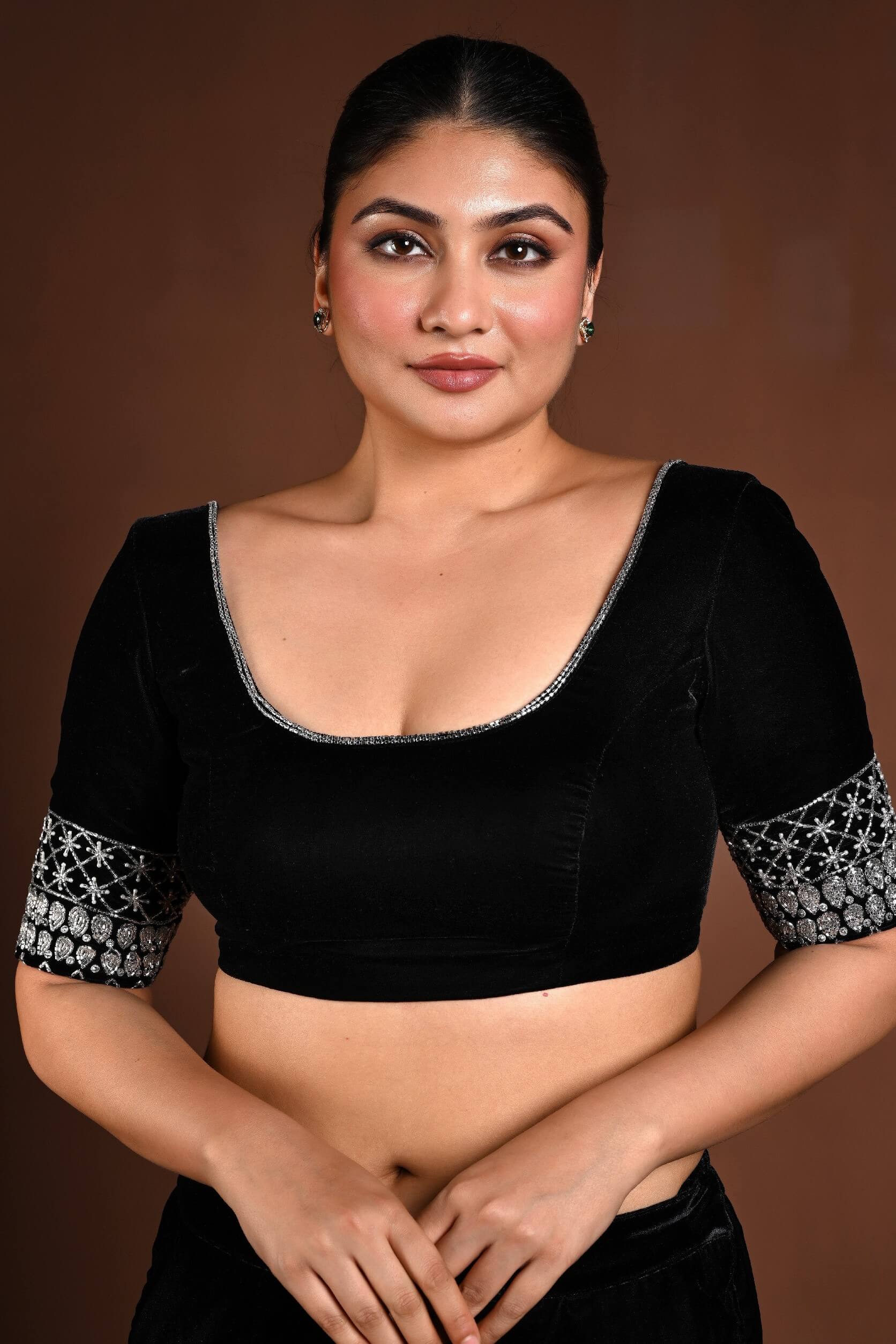 Black Velvet Hand Embroidered Blouse with U Neckline - Anvi Couture