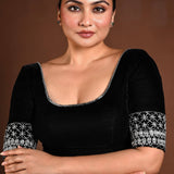 Black Velvet Hand Embroidered Blouse with U Neckline - Anvi Couture
