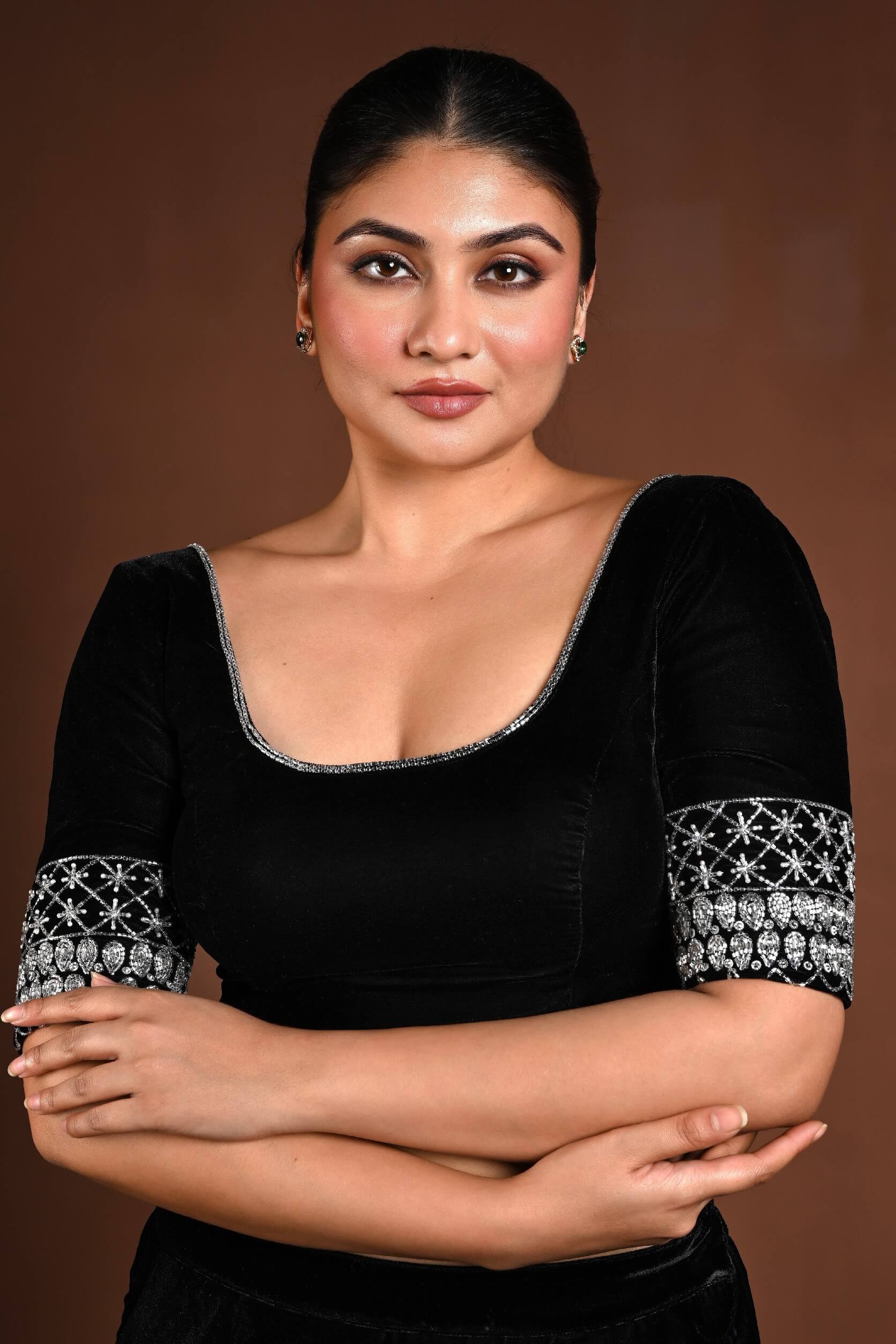 Black Velvet Hand Embroidered Blouse with U Neckline - Anvi Couture