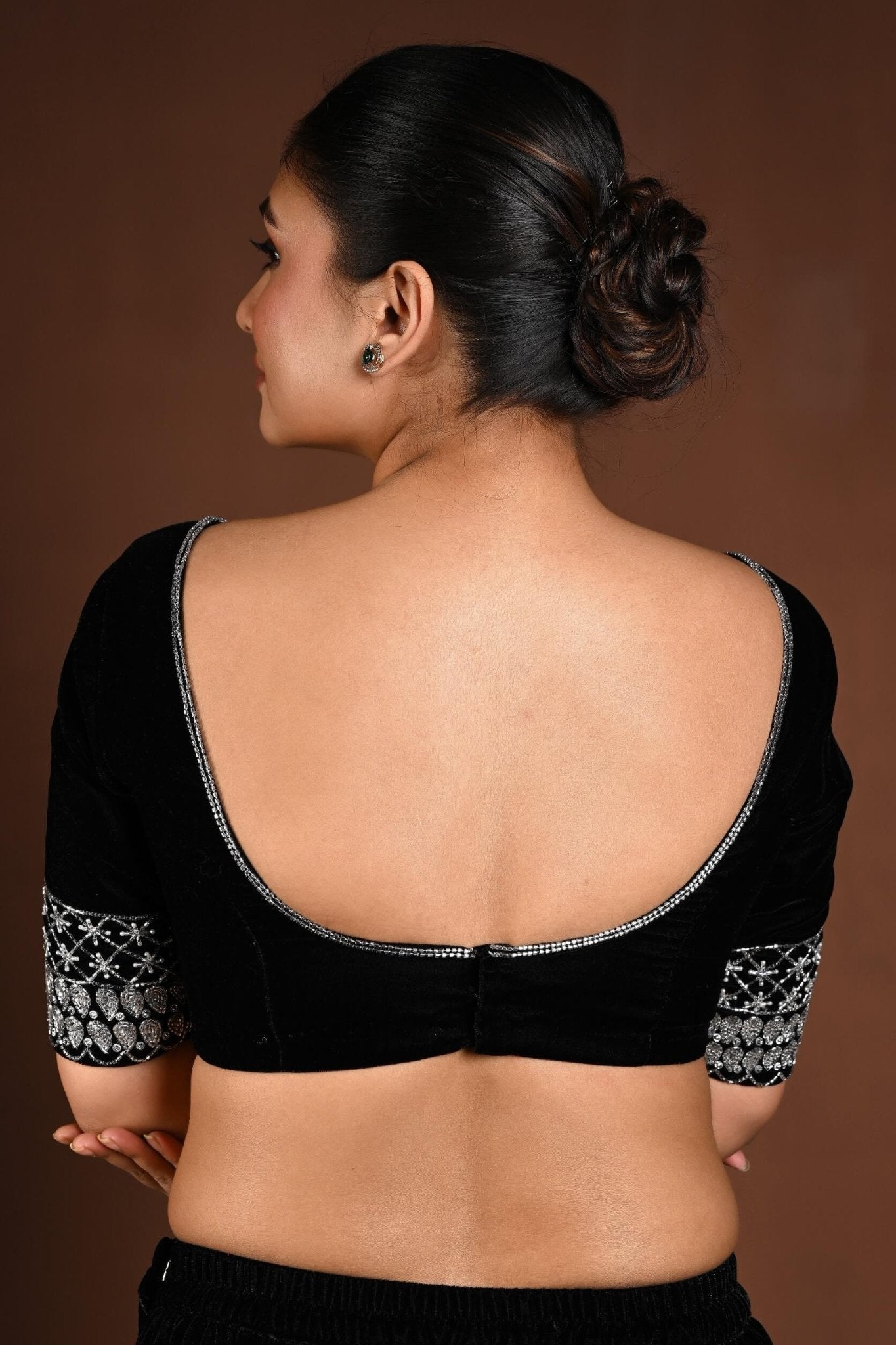 Black Velvet Hand Embroidered Blouse with U Neckline - Anvi Couture