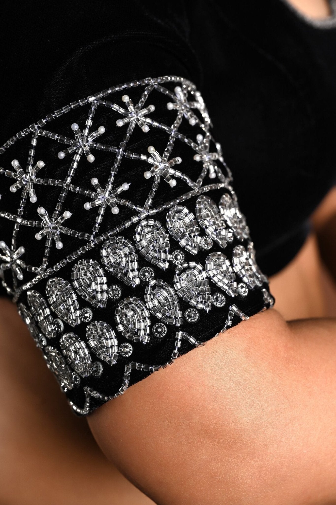 Black Velvet Hand Embroidered Blouse with U Neckline - Anvi Couture
