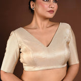 Golden Half Sleeve Silk Blouse with V - Neckline and Back Closure - Anvi Couture