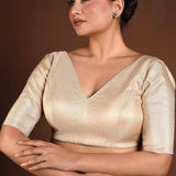 Golden Half Sleeve Silk Blouse with V - Neckline and Back Closure - Anvi Couture