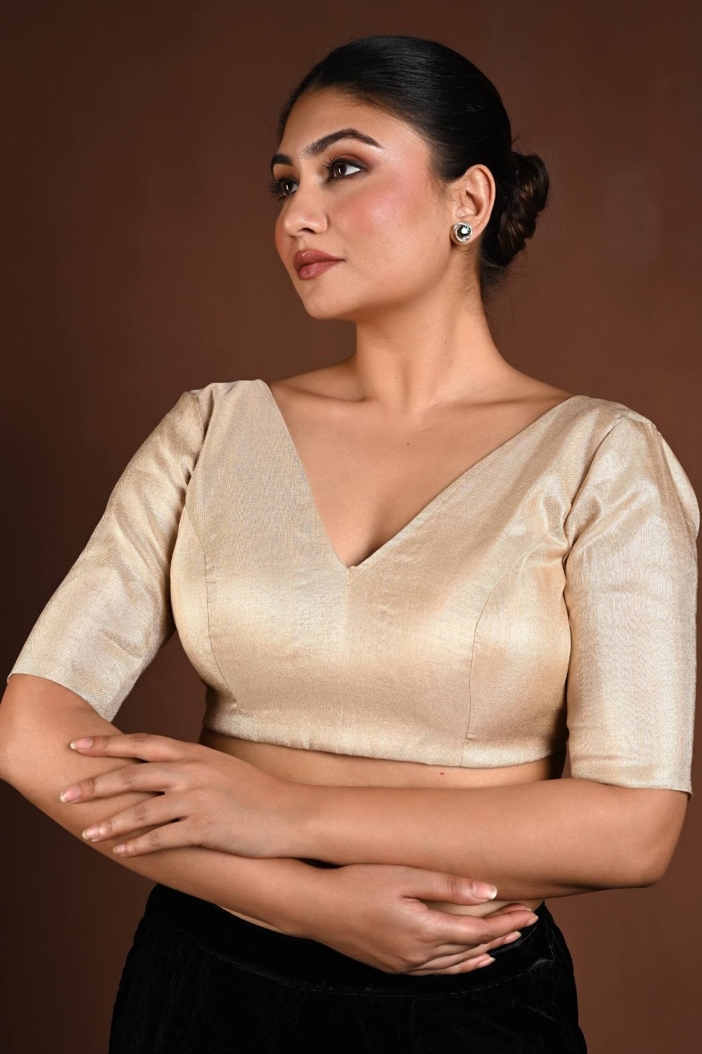 Golden Half Sleeve Silk Blouse with V - Neckline and Back Closure - Anvi Couture