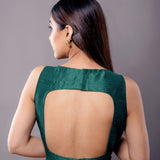 Green V Neck Sleeveless Blouse in Raw Silk with Back Closure - Anvi Couture
