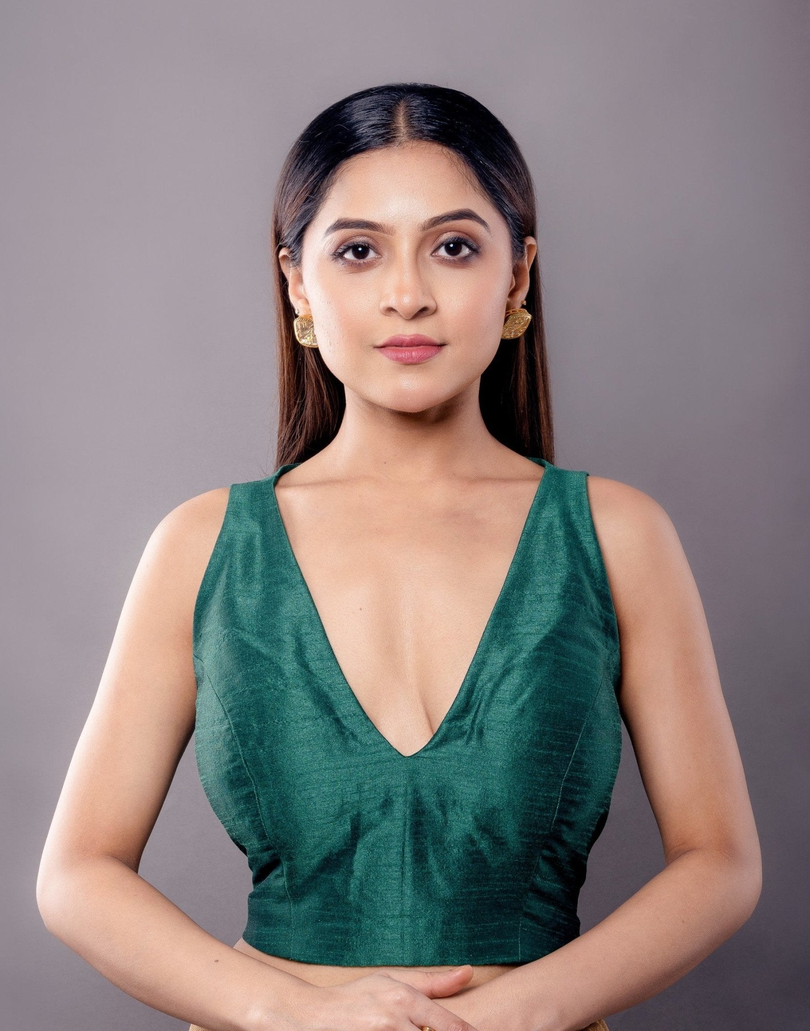 Green V Neck Sleeveless Blouse in Raw Silk with Back Closure - Anvi Couture