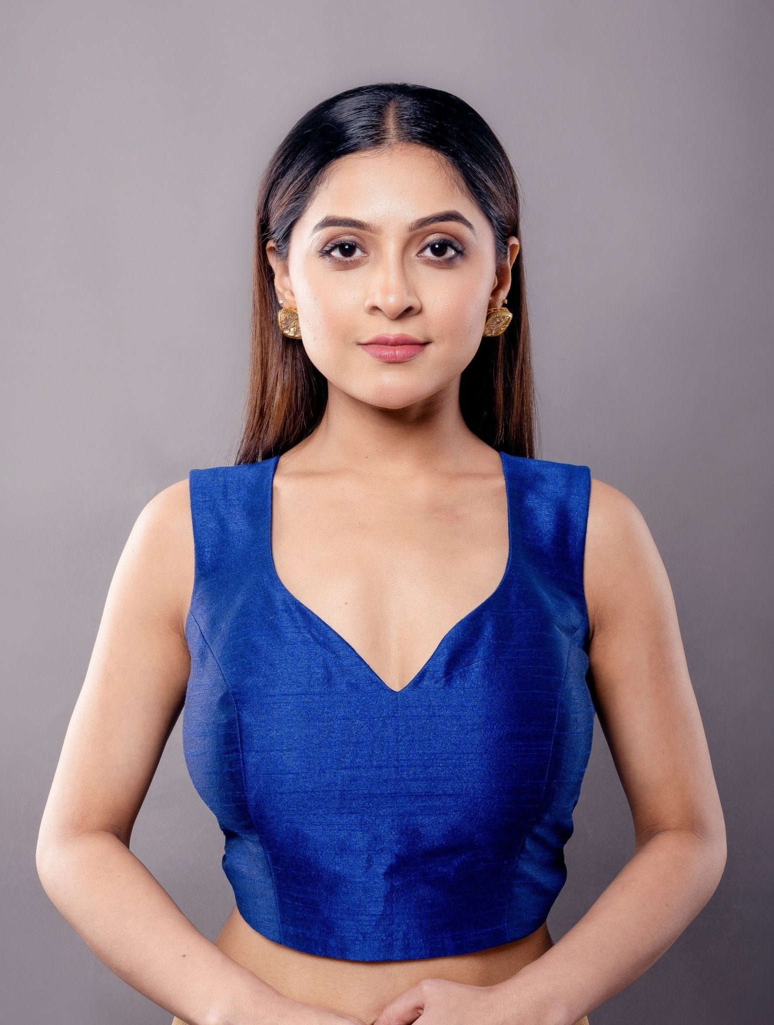 Blue Sleeveless V Neckline Blouse in Raw Silk - Anvi Couture