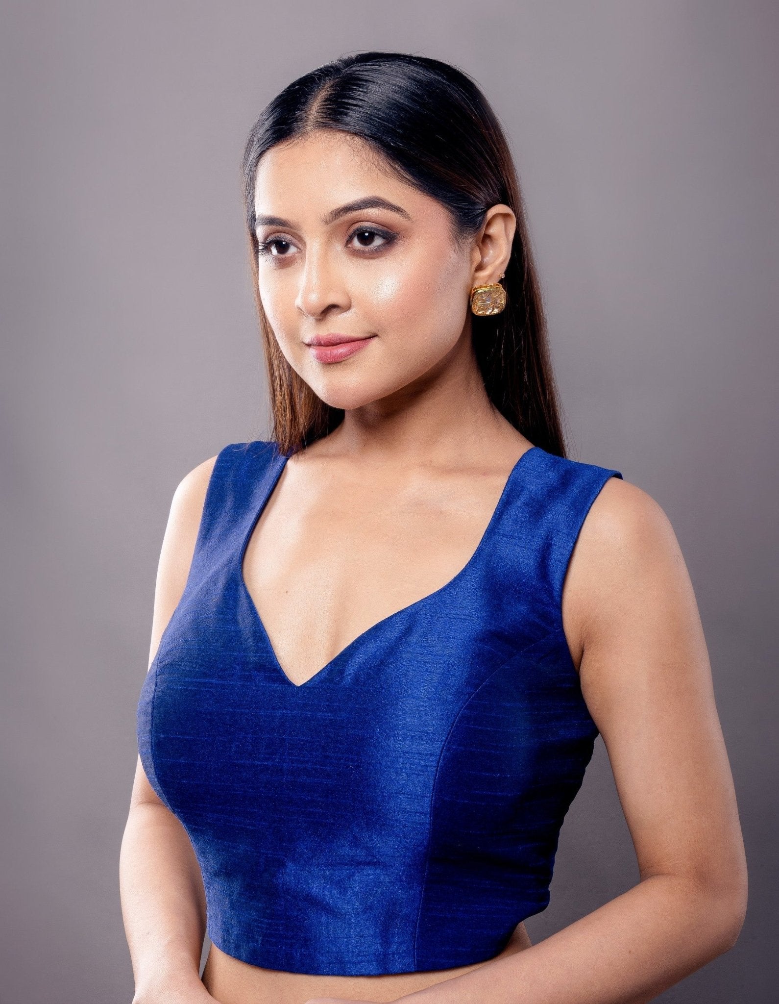 Blue Sleeveless V Neckline Blouse in Raw Silk - Anvi Couture