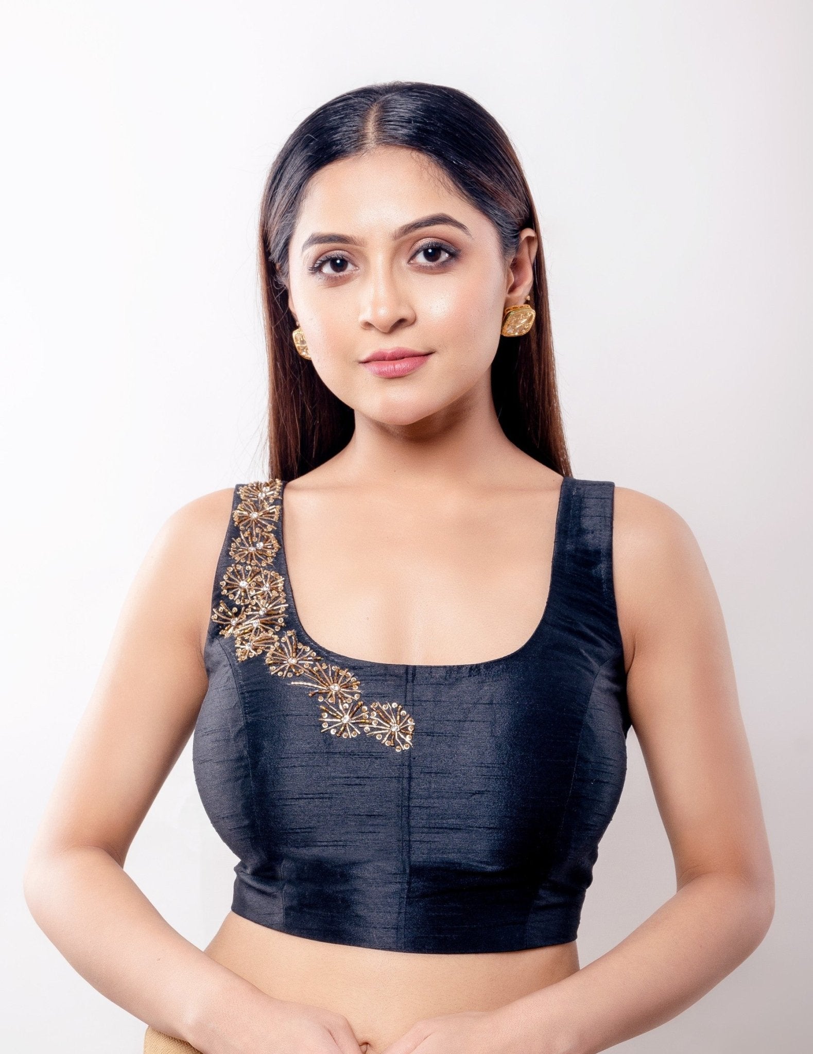 Black Sleeveless Blouse with Hand Embroidery in Raw Silk - Anvi Couture