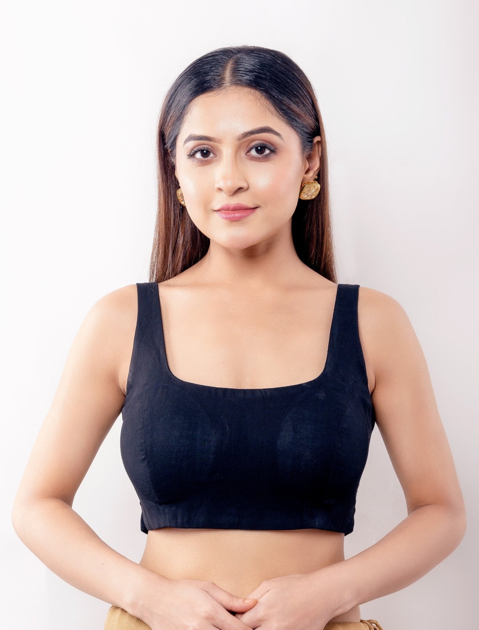 Black Square Neck Sleeveless Blouse in Georgette with Back Closure - Anvi Couture
