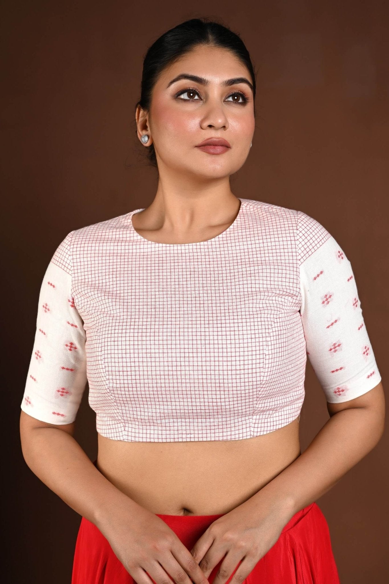 Red and White Cotton Jamdani Blouse with Half Sleeves and High Neck - Anvi Couture