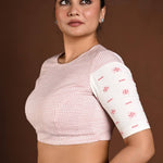 Red and White Cotton Jamdani Blouse with Half Sleeves and High Neck - Anvi Couture