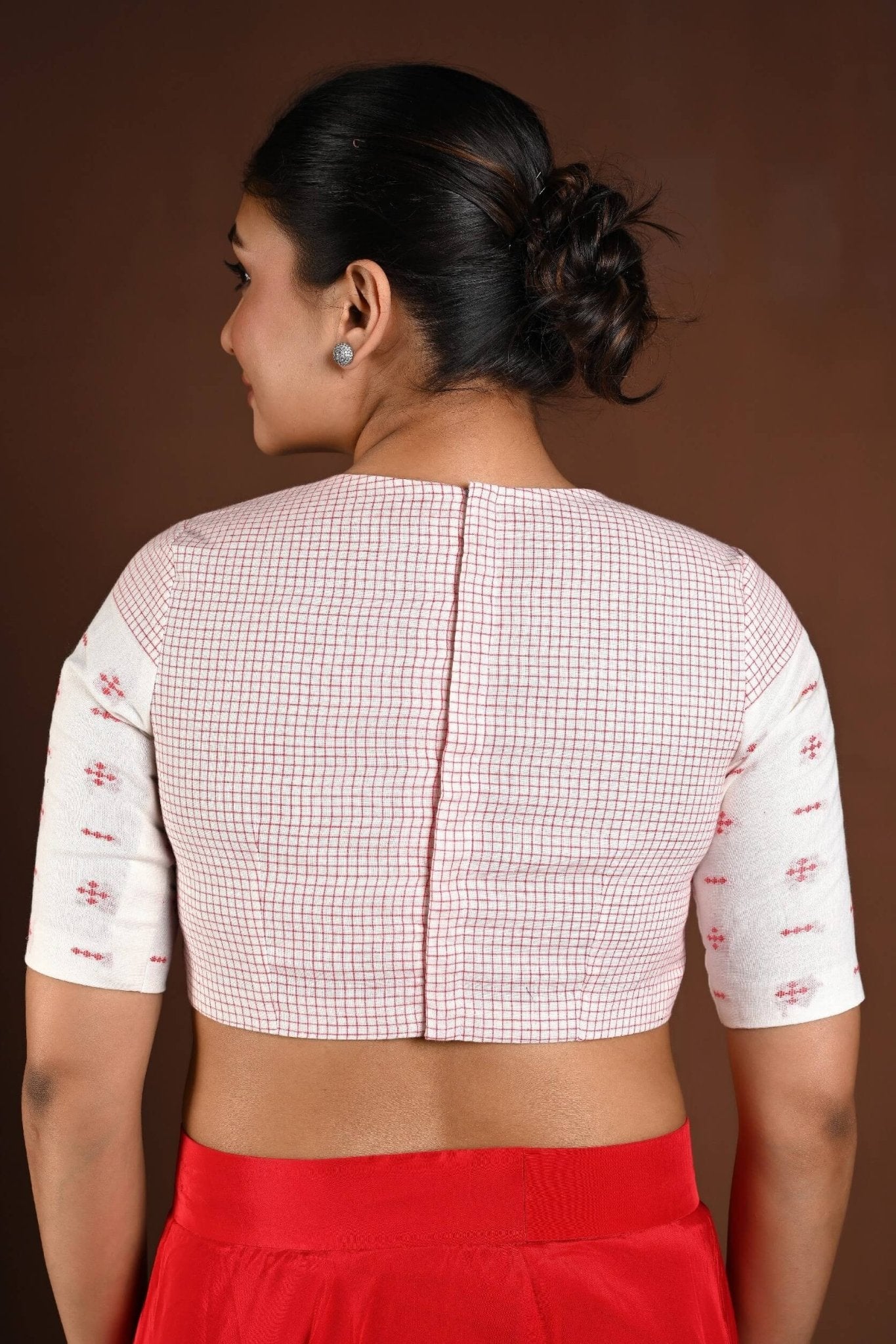 Red and White Cotton Jamdani Blouse with Half Sleeves and High Neck - Anvi Couture