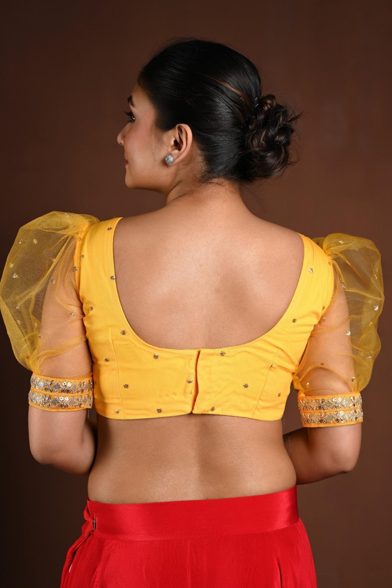 Yellow Puff Sleeve Blouse with Embroidery Work - Anvi Couture